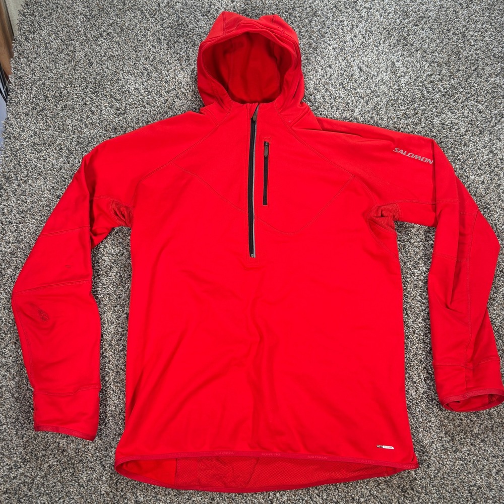 Salomon Actitherm Men's XL Red Half Zip Hooded Fleece Mid Layer Hiking Jacket